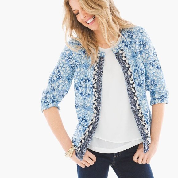 Chico's Jackets & Blazers - Chico's Fringe Braid Detail Printed Linen Jacket Blue Women's Size 3 XL16 H13774